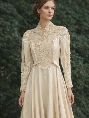 Vintage-1970Cream Lace Bodice Long Dress